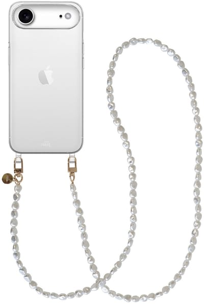 xoxo Wildhearts siliconen hoesje - Geschikt voor iPhone 17 Air hoesje - Pearlfection - Telefoonhoesje - Hoesje met koord - Parelketting - lang telefoonkoord - Transparant hoesje (lange variant)