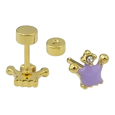 Kinderoorbellen meisje - Kroontje prinses - Paars emaille - Hypoallergeen premium gold-plated staal - 7 x 7 mm - Goudkleurig
