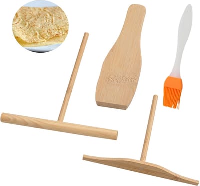 Pannenkoek Accessoires Set - Crêpe Gereedschap - Bakken en Verdelen - Natuurlijk Bamboehout - 4 Delig - Houtkleur