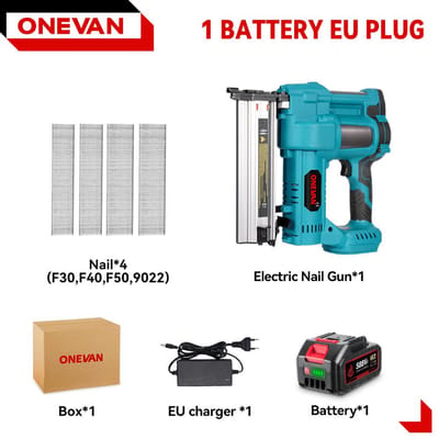 ONEVAN Borstelloze Elektrische 2 in 1 Spijker-/Nietpistool F15-50 K410-438 Snoerloos Spijkerpistool Met 4 Modi Spijker Voor 21V 18V Batterij 1xBattery-EU PLug