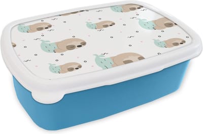 Broodtrommel Blauw - Lunchbox - Brooddoos - Zeemeermin - Luiaard -Patroon - Slapen - 18x12x6 cm - Kinderen - Jongen