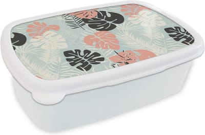 Broodtrommel Wit - Lunchbox - Brooddoos - Bladeren - Monstera - Pastel - Hawaii - Patronen - 18x12x6 cm - Volwassenen