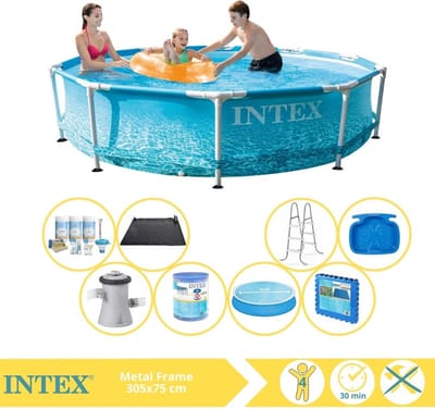 Intex Rond Frame Zwembad - 305 x 76 cm - Waterprint - Inclusief Solarzeil - Onderhoudspakket - Zwembadfilterpomp - Filter - Solar Mat - Ladder - Voetenbad - Vloertegels - 9-delig