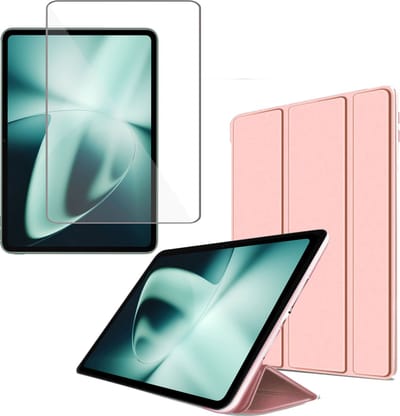 Geschikt voor OnePlus Pad / Oppo Pad 3 / Oppo Pad 2 Hoesje + Screenprotector – Gehard Glas Cover + Shock Proof Case – Rosé