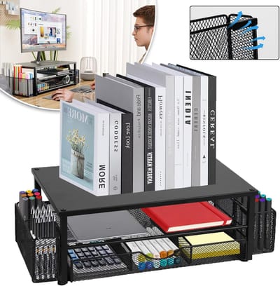Monitorstandaard - Bureau-Organizer Met Lade En 2 Pennenhouders - Stalen Monitorstandaard Verhoger Voor Laptop - 2-Laags Computerstandaard - Monitorverhoger Voor Laptop-Pc-Computer (Zwart)
