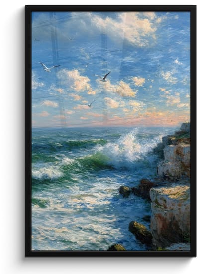 Poster in lijst - Fotolijst 60x90 cm - Posters - Zee - Golven - Rotsen - Meeuwen - Posterlijst zwart - Decoratie - Wanddecoratie woonkamer - Muurdecoratie slaapkamer