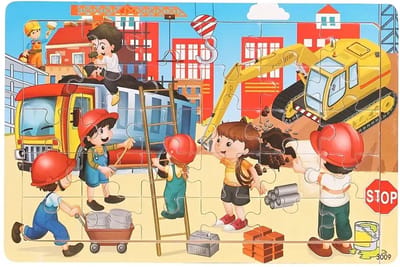 Bouwplaats Houten Puzzel voor Kinderen - 30 Stuks - Constructiethema met Graafmachines, Bouwvakkers en Vrachtwagens - Educatief Speelgoed vanaf 3 Jaar