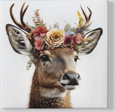 Vierkant Canvas Schilderij - Dieren - Hert met bloemen - 40x40x2 cm