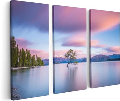 Artaza Canvas Schilderij Drieluik Wanaka Boom In Het Water Bij Zonsopgang - 120x80 - Foto Op Canvas - Canvas Print