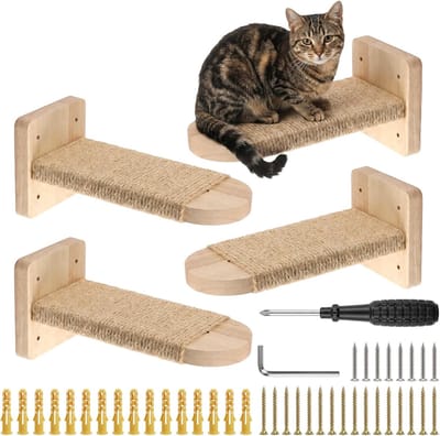 Kattentrap voor katten: 4 stuks massief rubberhout wandklimrekken met jute touwen voor klimmen, krabben en rusten