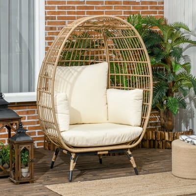 MODFU - Rattan Tuinstoel In Mandvorm - Met Zitkussen En Rugkussen - Verstelbare Voeten - Staal - Kaki - 105 X 90 X 148 Cm