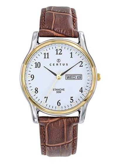 Certus-Horloge-Heren-35MM-Duidelijke wijzerplaat-Dag/Datum aanduiding-Cijfers-Bruin Lederen band-Bicolour