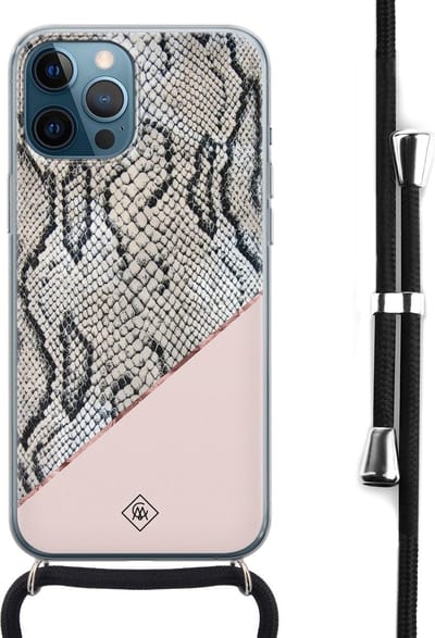 Casimoda® hoesje met koord - Geschikt voor iPhone 12 Pro Max - Snake Print Roze - Afneembaar koord - Siliconen/TPU - Roze