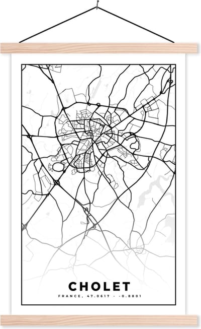 Posterhanger incl. Poster 40x60 cm - Schoolplaat - Kaart - Plattegrond - Frankrijk - Cholet - Stadskaart - Zwart wit - Textielposter - Blanke latten - Stadskaart