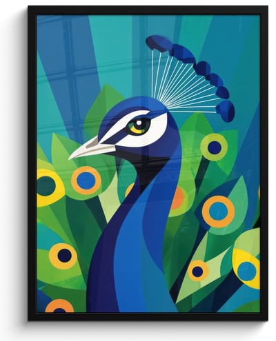 Poster in lijst - Fotolijst 60x80 cm - Posters - Pauw - Cirkels - Blauw - Posterlijst zwart - Decoratie - Wanddecoratie woonkamer - Muurdecoratie slaapkamer