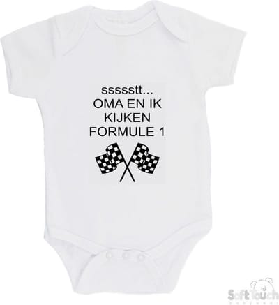 100% katoenen Romper "ssssstt Oma en ik kijken Formule 1" Unisex Katoen Wit/zwart Maat 62/68