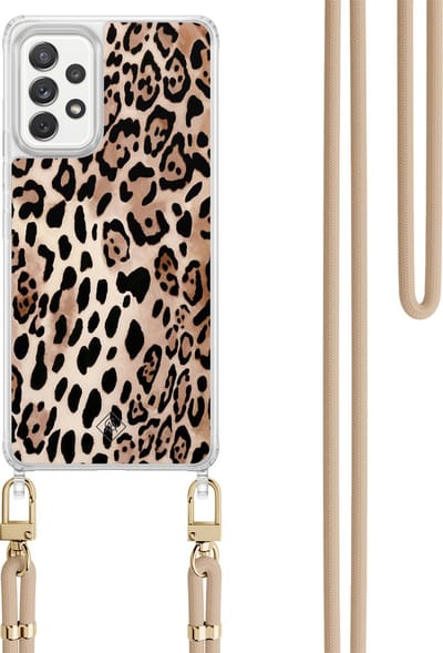 Casimoda® hoesje met koord - Geschikt voor Samsung A52(s) - Luipaard print bruin - Afneembaar koord - TPU/polycarbonaat - Bruin/beige
