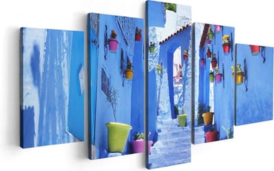 Artaza Canvas Schilderij Vijfluik Blauwe Huizen met Bloempotten in Chefchaouen, Marokko - 100x50 - Foto Op Canvas - Canvas Print