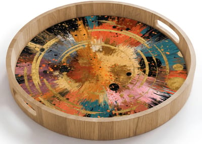 Dienblad rond 40x40 cm - Schootdienblad hout - Explosie - Verfstructuur - Goud - Abstract - Borrelplank rechthoek - Plateau houten dienbladen