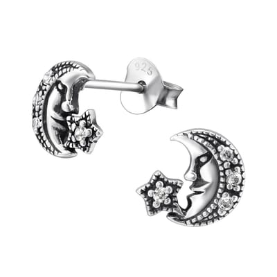 Joy|S - Zilveren maan met ster oorbellen - 8 x 7 mm - zirkonia - geoxideerd
