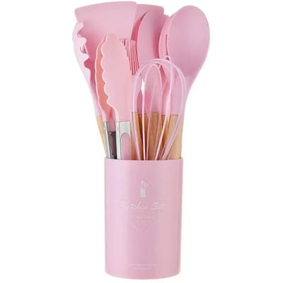 Lot de 12 ustensiles de cuisine en silicone de qualité alimentaire, spatule tournante, cuillère à mesurer, outil de cuisine pratique pink