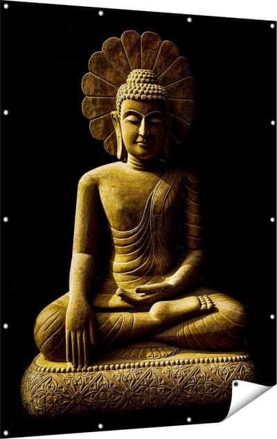 Gards Tuinposter Gouden Boeddha Beeld in Meditatie - 120x160 cm - Tuindoek - Tuindecoratie - Wanddecoratie buiten - Tuinschilderij