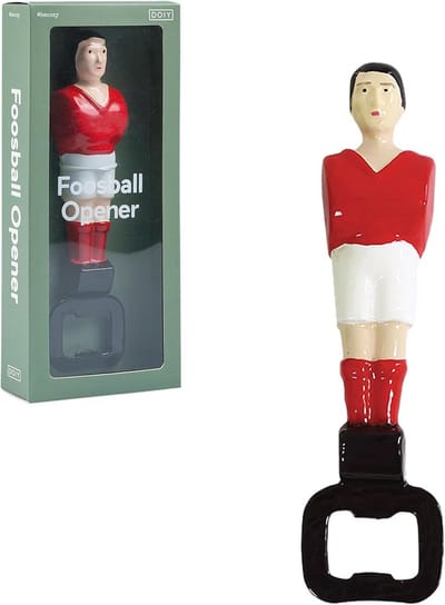 Flesopener met Tafelvoetbalspeler - Aluminium, Ergonomisch en Praktisch - Grappige Stijl in Rood - 16 x 4,2 x 2,5 cm