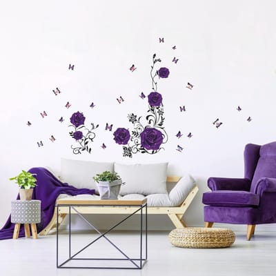 Paarse Rozen Muurstickers, Bloemige Klimop en Pioenroos Wanddecoratie, DIY Vinyl Muurkunst voor Slaapkamer en Woonkamer Achtergrond Decoratie