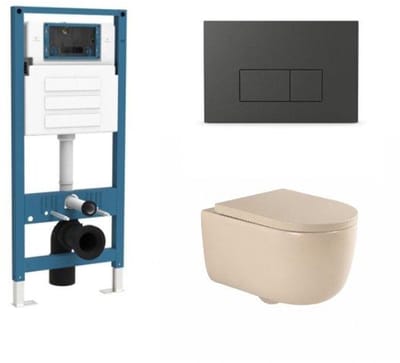 QeramiQ Dely Swirl Toiletset - inbouwreservoir Qeramiq Flush - 35mm zitting - kunststof mat antraciete bedieningsplaat - rechthoekige knoppen - beige