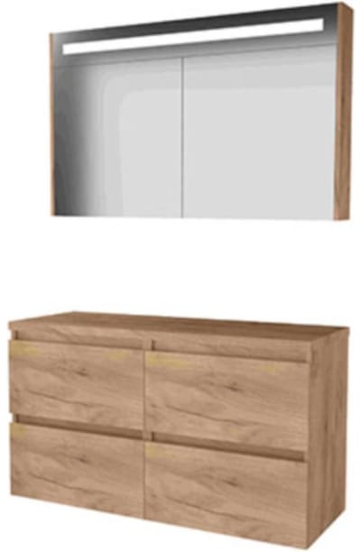 Basic-Line Premium 46 Badkamermeubelset - 120 x 46 cm - Greeploos - 4 Lades - Wastafelblad - Spiegelkast met LED Verlichting - Whisky Oak