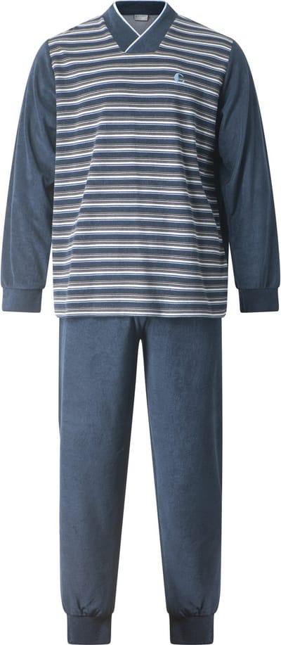 Gentlemen - warme heren pyjama badstof 114288 - sjaalkraag - donkerblauw met blauw - maat M