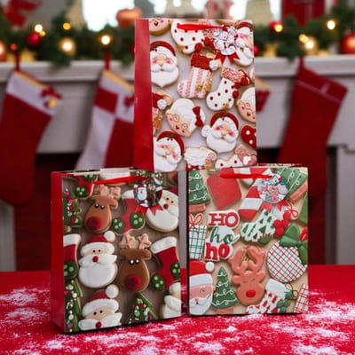 Set van 3 kerst cadeautasjes met koordhandvat – 12 x 30 x 42 cm, vrolijke prints