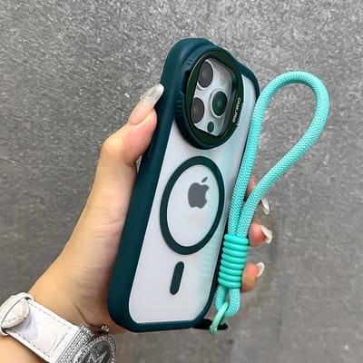 Vouwbare Glazen Lens Standaard Magnetisch Transparant Hoesje Voor iPhone 16 15 14 13 12 11 Pro Max Voor Magsafe Polsband Schokbestendige Cover For iPhone 12 Pro white
