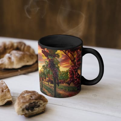 Magische Mok - Foto op Warmte Mokken - Koffiemok - Wijngaard - Druiven - Zonsondergang - Magic Mok - Beker - 350 ML - Theemok