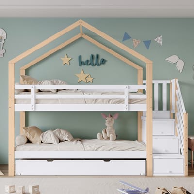 Uittrekbaar Boomhutbed - 90x200 cm - Stapelbed Met Lade-trap & Schuifbed - Natuur + Wit - Massief Hout + MDF - EN747 Gecertificeerd