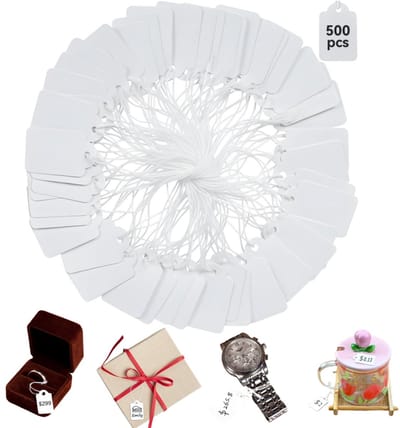 500 stuks prijskaartjes - Kleding hanglabels - Cadeaulabels - Blanco papieren labels - Beschrijfbaar - Sieraden prijskaartjes - Met koord - Voor kleding, sieraden, cadeaus, planten (3,5*2,2 cm - Wit)