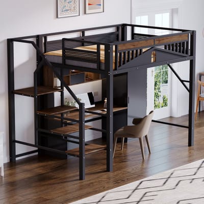 DESMIU Hoogslaper 140x200 cm – Veilig Metaalbed Met Vensterdesign En Opbergtrap – Ruimte Onder Het Bed – Zonder Matras – Slaapkamer – Zwart