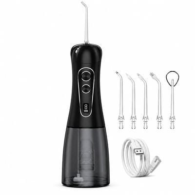 Gloovon® - Waterflosser - Monddouche - Flosapparaat - Draadloos & Oplaadbaar - 8 Standen - IPX7 Waterdicht - 5 Professionele Opzetmondstukken - Tandplak Verwijderaar - Zwart
