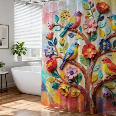 Dailygoods - 3D Bloemen Kleurrijke Douchegordijn Set met Haken 12 Planten Vogel Natuur Douchegordijnen voor Badkamer Hotel Waterdicht Badkamer Gordijn Vierkant 72 x 72 inch 1st