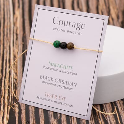Bixorp "Courage" Cadeau Armband - Moed - Edelsteen Armbandje op kaartje - Malachiet, Obsidiaan & Tijgeroog