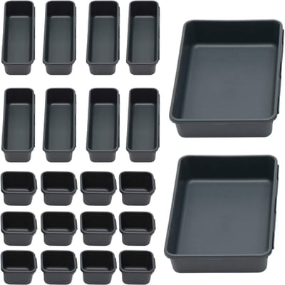 JustValue Lade Organizer Set - 22-Delig - Antislip en Stapelbaar - Zwart - Opbergbakjes - Lade Bakjes - Make Up Organizer - Opbergbakjes Plastic