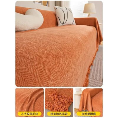 Couverture de canapé en coton tissé Couleur unie Antidérapant Serviette de canapé pour décoration de meubles de salon Tapisserie Housse de canapé avec pompon 130X180cm beige