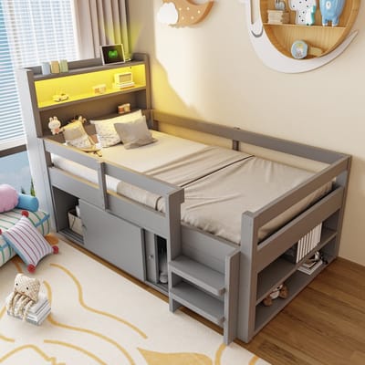 Sweiko Kinderbed - 90 x 200 cm - Opbergruimte - LED-verlichting - USB-oplaadpoort - Grijs