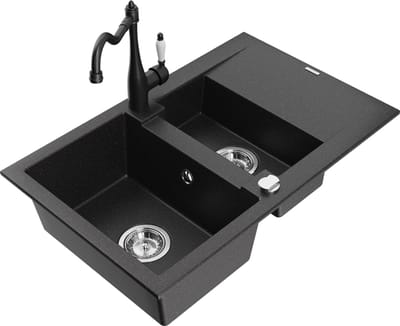 Mexen Gaspar granieten gootsteen 1,5-kamer met afdruiprek en keukenkraan Carla zwart/zilver metallic - 6507-73-670700-70