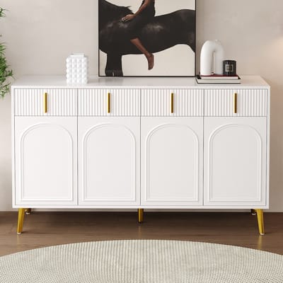 MODFU Sideboard met Gouden Handgrepen en Poten, 4 Deuren, 4 Lades, Verwijderbaar Laminaat, Geschikt voor Woon- en Eetkamer, 140x37,8x82 cm