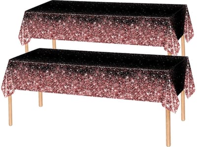 2x Tafelkleed Laken Verjaardag Versiering Tafeldecoratie Feest Zwart/Rose Glitter Tafellaken Plastic Tafelzeil 274*137cm