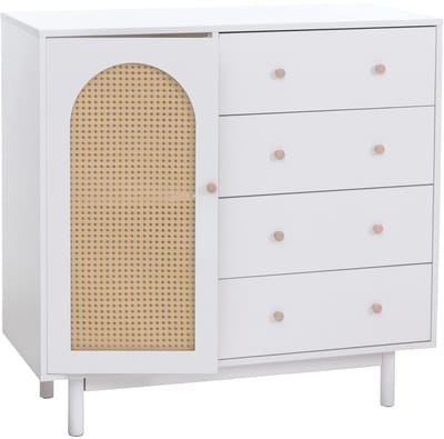 Commode MCW-P52, kast, dressoir, highboard, lades, opbergvakken, polyrotan, MDF, melamine, 95 x 100 x 40 cm ~ wit