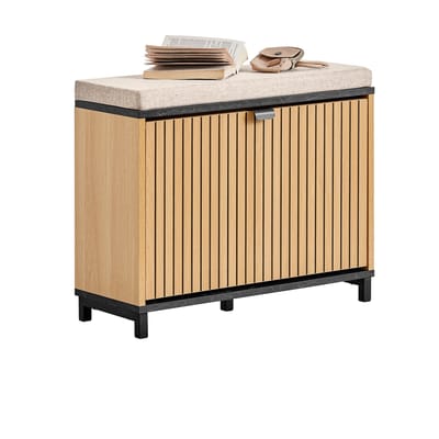 SoBuy FSR201-N Schoenenbank, entree, met gevoerde zitting, comfortabel, inklapbaar, zwart en licht hout, ondersteunt 113 kg, 60 x 24 x 50 cm