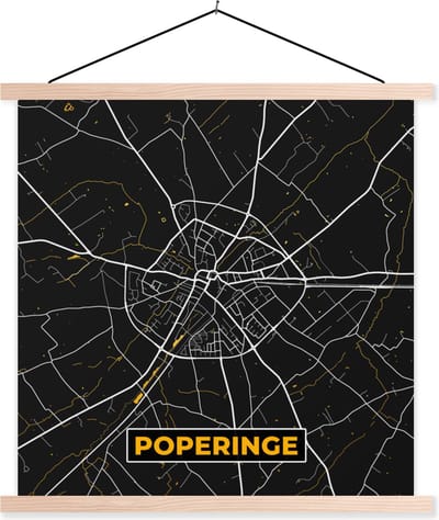 Posterhanger incl. Poster 40x40 cm - Schoolplaat - Stadskaart - Poperinge - Black en gold - Plattegrond - Kaart - Textielposter - Blanke latten - Stadskaart