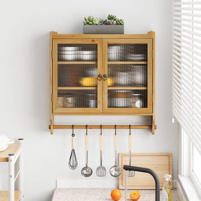 MODFU - Wandkast - Dubbele Glazen Deuren En 3 Planken - Vintage - Voor Badkamer Of Keuken - Massief Hout En Glas - Naturel - 63 x 60 x 18 cm